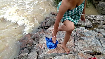 Fun sex with stepmom on the river bank in the forest