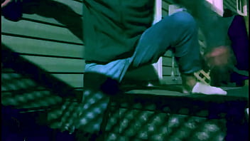 Time lapse stop frame stretch against steps at night with lattice shadow ass and legs effect