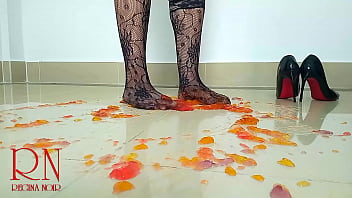 Sweet jeles destroying with high heels shoes on the floor c1