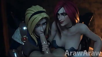 Red hair and blonde blowjob sex cum