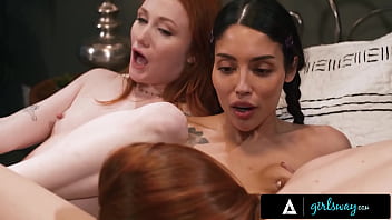 Spooked babes hang with milf for night