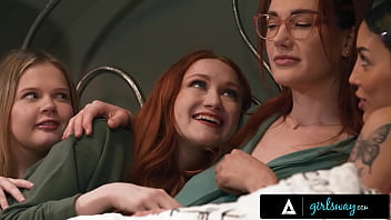 Spooked babes hang with milf for night