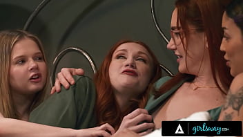 Spooked babes hang with milf for night