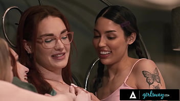 Spooked babes hang with milf for night