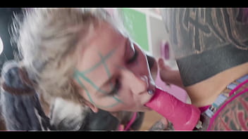 Tattooed babe goes hard with the strap until the inked slut squirts Tattooed babe goes hard with the strap until the inked slut squirts