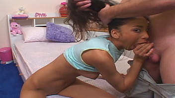 Slender teen bounces her pussy on a massive dick