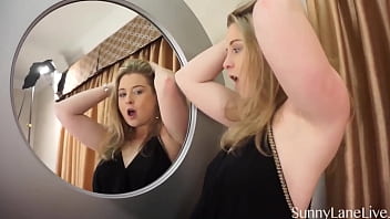 Busty sunny lane posing & fingering her wet clit & shaved pussy lips