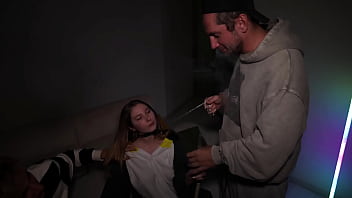 A cute slut got fucked in the mouth and pussy by three cocks at a party