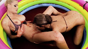 Chloe conrad and leila bee masturbate in a pool of strawberry jelly