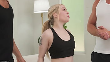 Flexible teen haley spades deepthroats and stretches her pussy in threesome