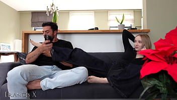 Horny blonde gets fucked hard on the couch while talking to her boyfriend