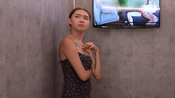 Cute skinny asian explores big cock in closed room