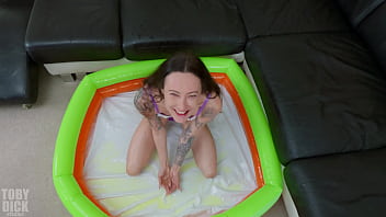 Piss drinking skinny slut's first gape she smiles through the anal pounding