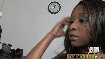 Ebony babe sucks group of white guys 11