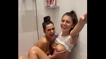 Lesbian shower quickly escalates to sloppy double blowjob with deepthroat competition ending with huge facial and cum swapping pov