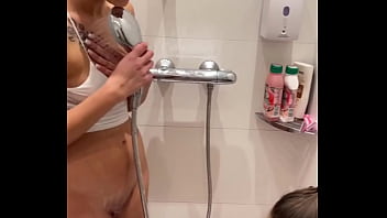 Lesbian shower quickly escalates to sloppy double blowjob with deepthroat competition ending with huge facial and cum swapping pov