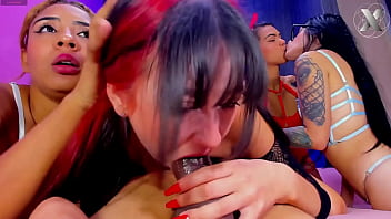 Amateur latinas working this guy's cock with her friends