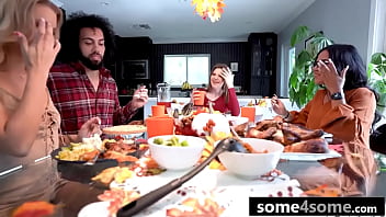 Thanksgiving game ends with fourway party with three hot teens