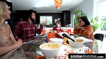 Thanksgiving game ends with fourway party with three hot teens