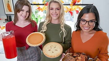 Thanksgiving game ends with fourway party with three hot teens