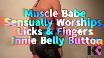 Muscle babe sensually worships licks & fingers innie belly button