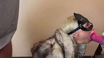 Lady in fur coat crazywifeslut throat destruction by big dick and knot dildo a lot of puke and vomit fur coat mess