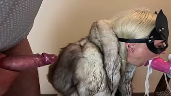 Lady in fur coat crazywifeslut throat destruction by big dick and knot dildo a lot of puke and vomit fur coat mess