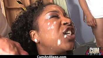 Black chick deepthroats a group of white studs and gets rewarded with cum 28