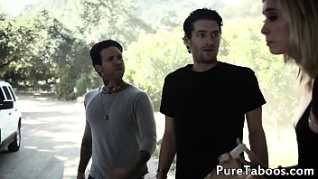 Hitch hiking blonde babe in cocksucking trio