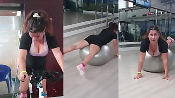 Hot teen with big tits and perfect ass in the gym warming up for sex in doggy huge cum on asshole