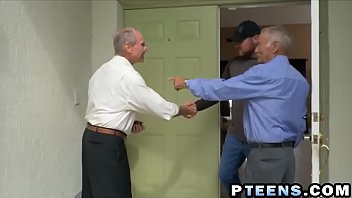Lovely teen pleasing two old guys