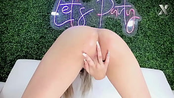 The guy fucks his girlfriend's pussy with his fingers massively until she reaches her orgasm