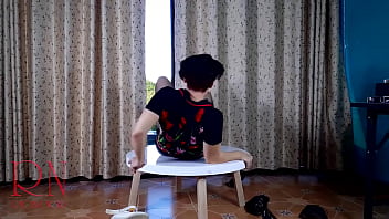 Nice lady in pantyhose and heels striptease at the round table 31