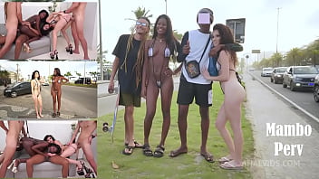 2 very sexy brazilian beauties walk almost naked on the street then get fucked by 3 huge cocks dap public nudity dirt