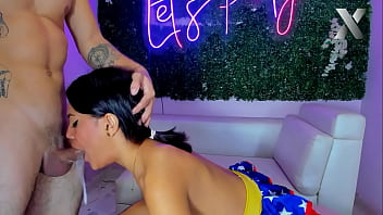 Rough boy fucks her throat and then massively destroys her mouth with the big dildo