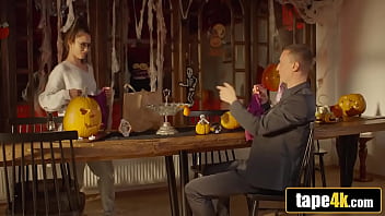 Spooky seduction ends in creamy surprise with fiery inked babe