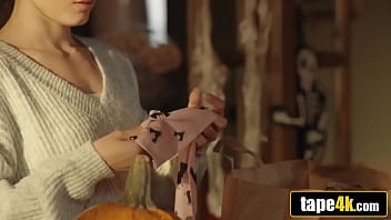 Spooky seduction ends in creamy surprise with fiery inked babe