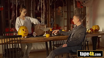 Spooky seduction ends in creamy surprise with fiery inked babe