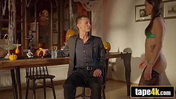 Spooky seduction ends in creamy surprise with fiery inked babe