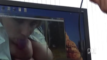 Busty babe's office fun