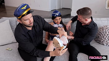 Stewardess stripper drains pilot's dicks all over her face