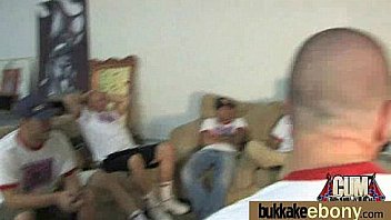 Ebony babe sucks group of white guys 7