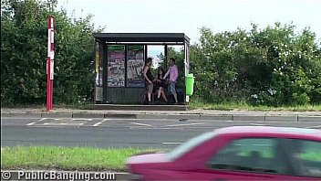 Busty girl public gangbang threesome sex by a busy highway