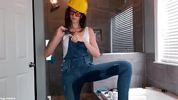 Construction girl sage eldritch wetting denim overalls & panties