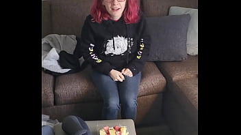 Sexy latina redhead eats some cake