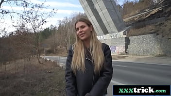 Blonde hitchhiker pays her way with deepthroat skills and a wild ride