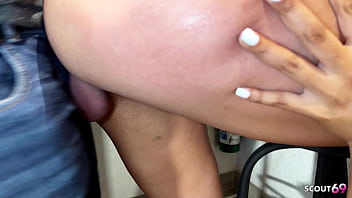 Step dad caught her at lesbian fun with her classmate in the kitchen and join in hard ffm threesome sex