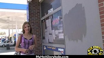 Ebony slut fucks a white gloryhole cock in her first interracial scene 13