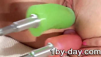 Horny lis rides a fucking machine