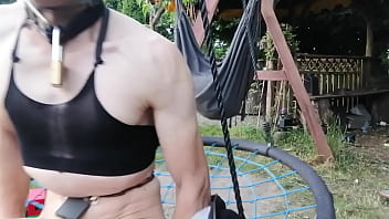 Bdsmslaveboy in his garden